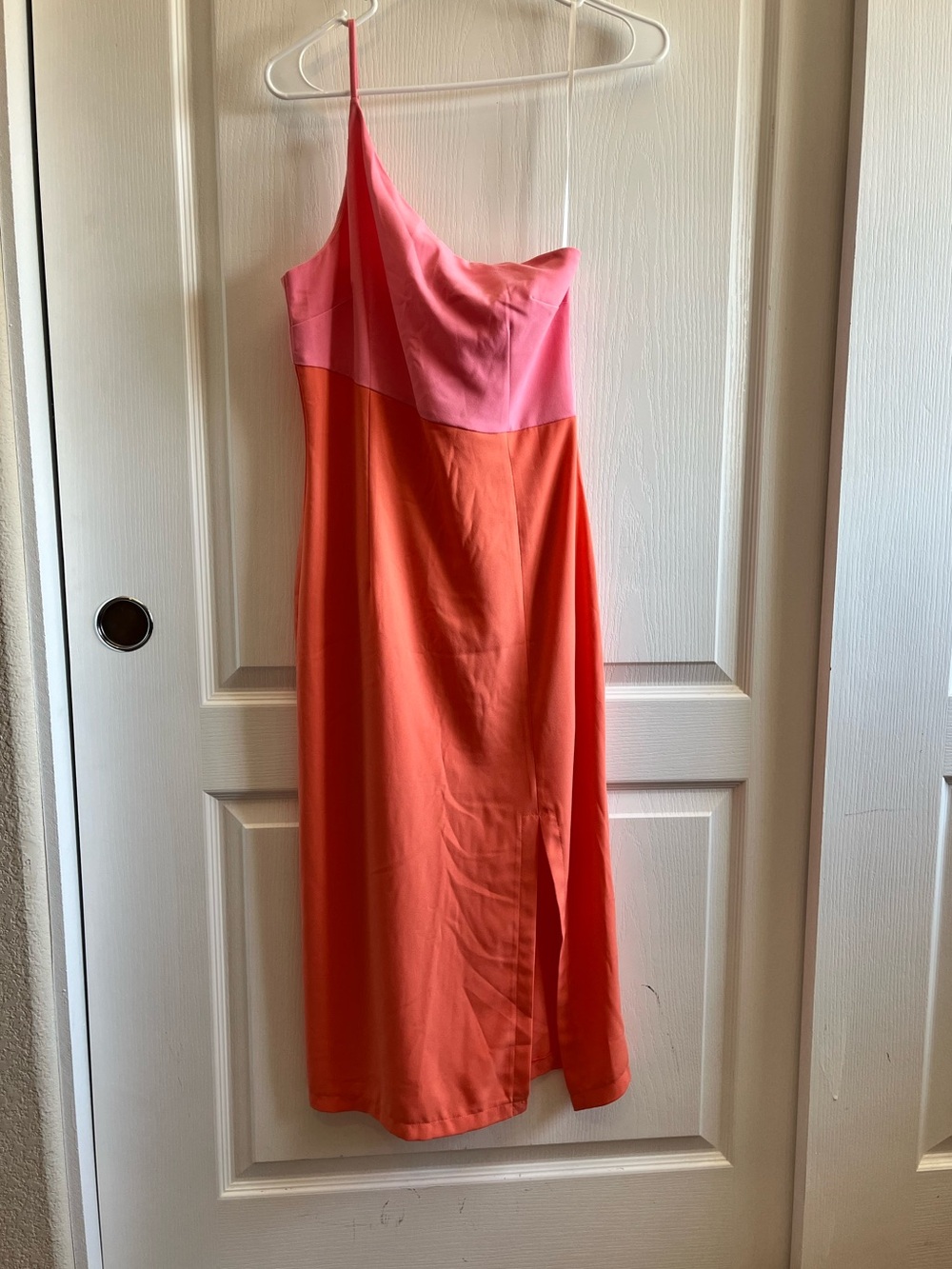 Petal + Pup Pink & Orange Colorblock Vaca Wedding Guest One Shoulder Midi Dress - Picture 2 of 12